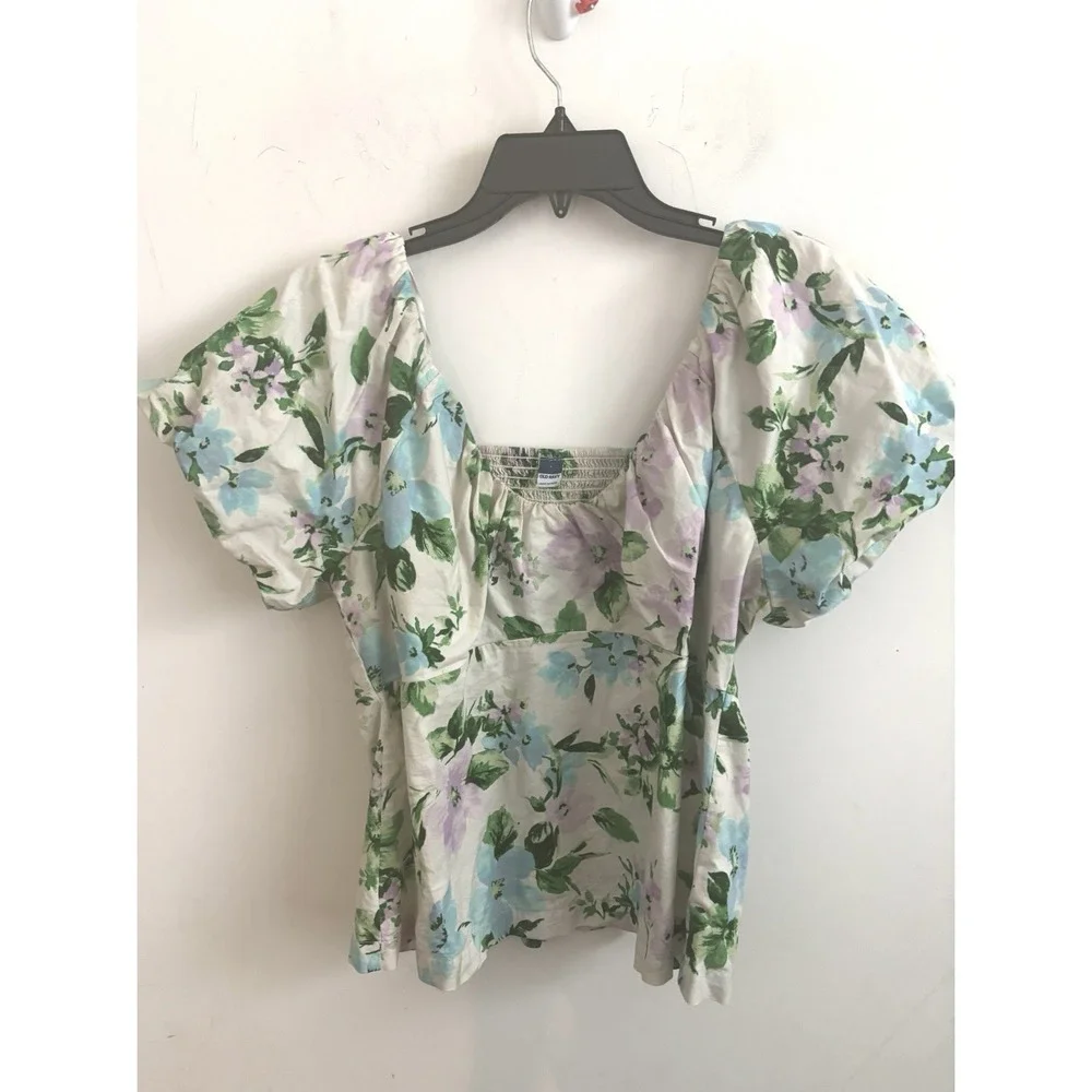 Old Navy Floral Puff Sleeve XL Scoop Neck Smocked Top Feminine Fall Whimsical